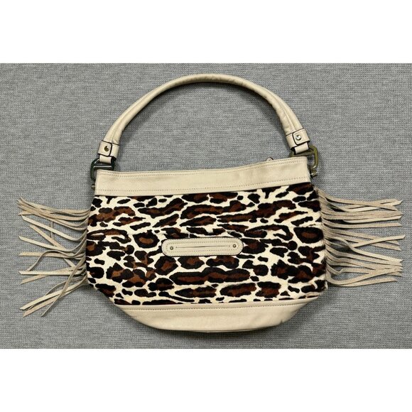 B. Makowsky Calf Hair Leather Leopard Print Handbag With Tassels Fringe Purse - Picture 2 of 10
